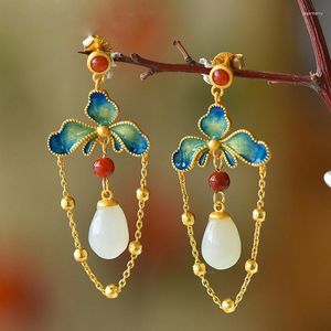 Boucles d'oreilles pendantes Style chaîne émail porcelaine fleur pour femmes chinois Feng Shui goutte Hetian Jade argent oreille goujons bijoux fins