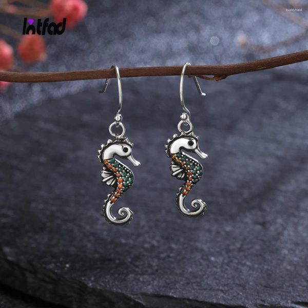 Pendientes colgantes estilo Color circonita caballito de mar Plata de Ley 925 para mujer elegante pendiente de fiesta, joyería fina