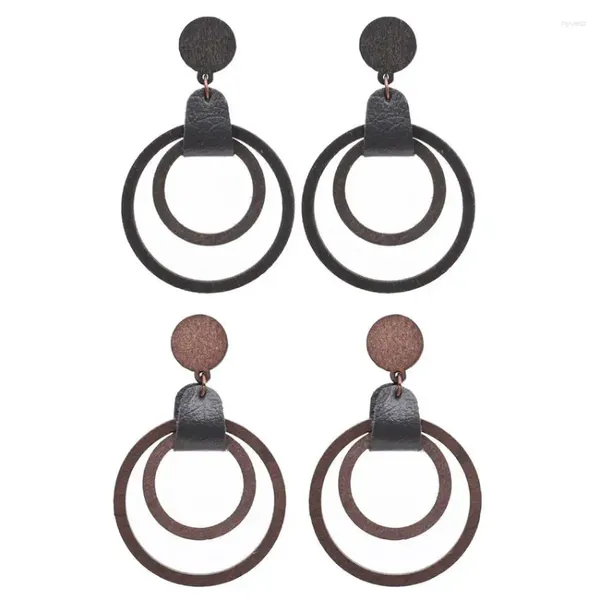 Pendientes colgantes estilo cuero envuelto doble círculo de madera para mujer moda geométrica forma redonda joyería al por mayor