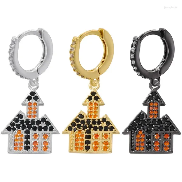 Boucles d'oreilles pendantes élégantes en cuivre plaqué or 18 carats avec diamants colorés Ghost Castle Fun Halloween House Loft