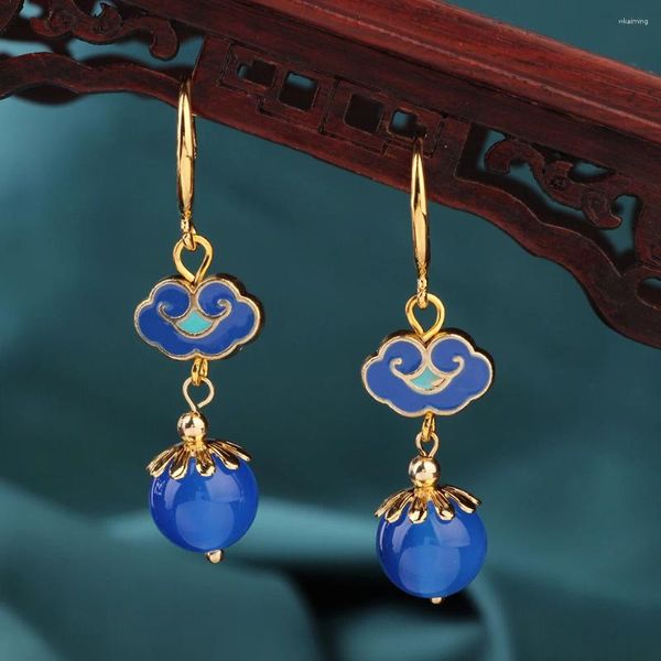 Pendientes colgantes de verano étnicos azules largos Piedra Natural gota Vintage Cloisonne ágata estilo chino joyería para mujeres