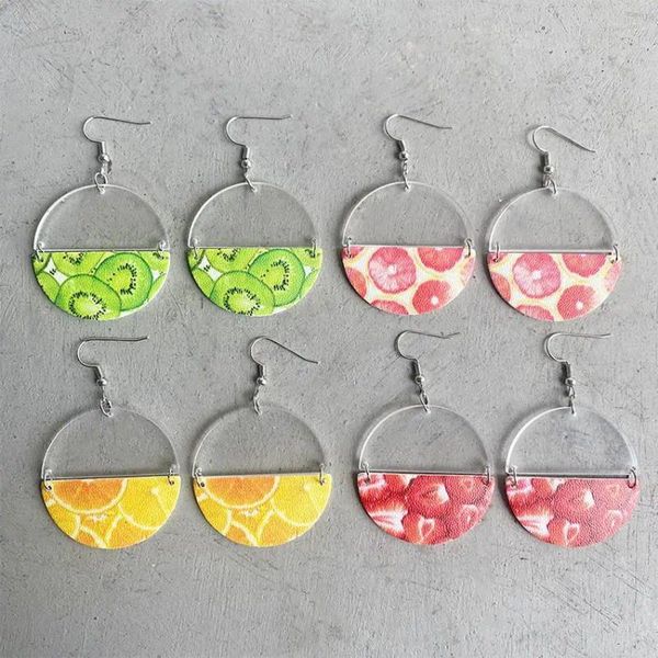 Boucles d'oreilles pendantes en Faux cuir imprimé citron, série Fruits d'été, cercle acrylique à moitié fendu et articulé pour femmes, BOHO Tropical