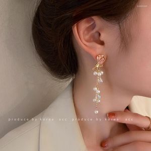 Pendientes colgantes de verano, perla, lazo Floral, flecos, colgante para fiesta de boda, regalo para mujer y niña, joyería coreana de moda