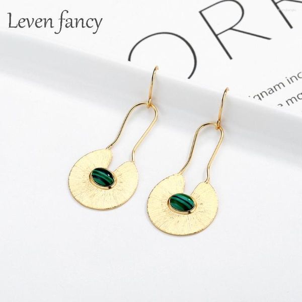 Boucles d'oreilles pendantes été motif pastèque Malachite pierre poire en forme de goutte 925 argent Sterling boucle d'oreille dorée pour les femmes