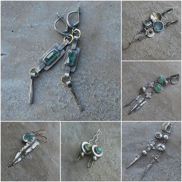 Boucles d'oreilles en peluche Super longue pierre verte géométrique pour femmes bijoux vintage à la main