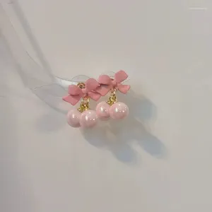 Boucles d'oreilles pendantes avec nœud rose Super doux, aiguille en argent S925, cœur de fille, perle de bonbon, fraîche d'été