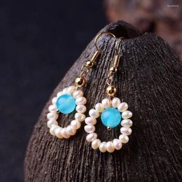 Boucles d'oreilles pendantes en perles naturelles, avec pierre Tianhe, crochet d'oreille en or 14 carats, breloque pompon hypoallergénique