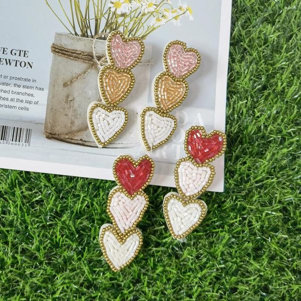 Pendientes colgantes con cuentas dulces para el Día de San Valentín, pendiente de corazón de neón, cuentas de arroz de tres capas, gota para mujer, joyería estética