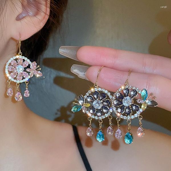 Pendientes colgantes con gancho para la oreja para mujer, aretes, circonita rosa, mariposa, flor, joyería ligera de lujo exagerada para fiesta