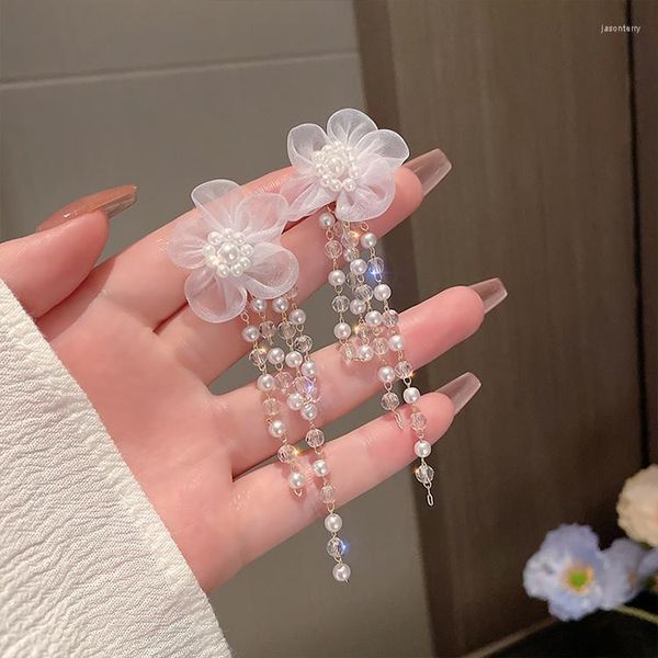 Pendientes colgantes de color blanco dulce color seda perla borla de la perla arete de boda de la boda para mujeres joyas de cebo floral coreano