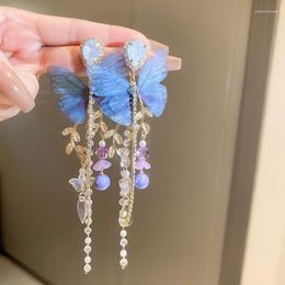 Boucles d'oreilles pendantes fil doux papillon goutte pour les femmes Style coréen Long gland bijoux en cristal