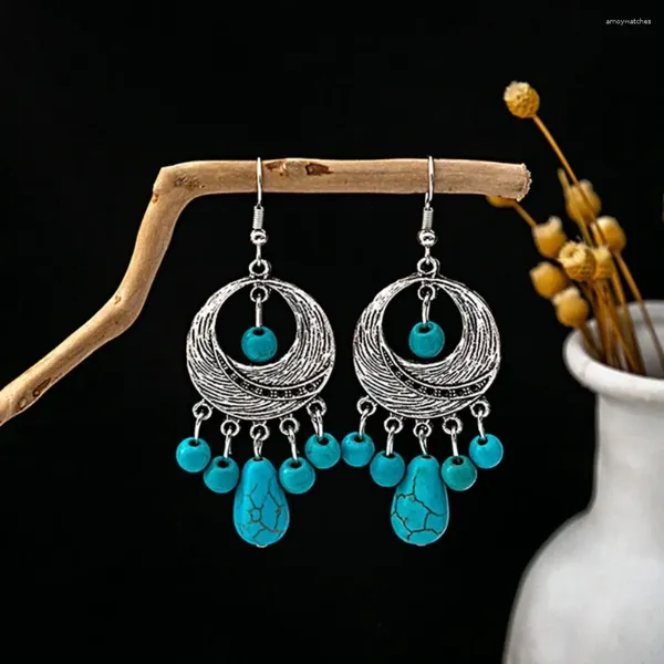 Boucles d'oreilles pendantes avec pampilles, bleu Turquoise, Style ethnique bohémien, bijoux à la mode, crochet d'oreille, goutte pour femmes