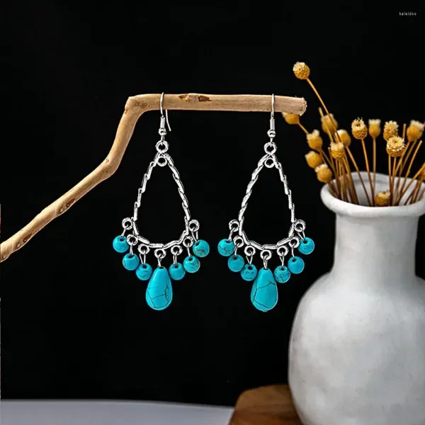 Pendientes colgantes Tassel Turquesa Turquesa Antes de oído Azul Estilo étnico Arendería Joya de moda Bohemia Drop