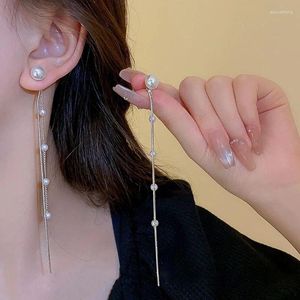 Boucles d'oreilles en peluche avec des dames perlées longues de la chaîne de simulation coréenne bijoux de bijoux