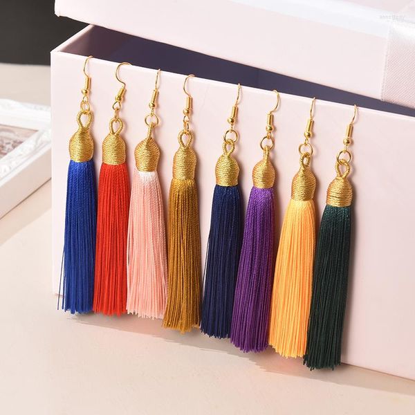 Pendientes colgantes con borlas para mujer, tela de seda a la moda, Color dorado, cuerda envolvente, flecos, pendientes largos de gota para niñas, joyería Bohemia para boda