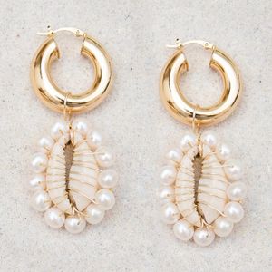 Boucles d'oreilles pendantes TAZIA OCEANA Bijoux de plage d'été Fil à la main Coquille de cauri Eliou Bohème Boho Perles d'eau douce Femmes Cerceau plaqué or