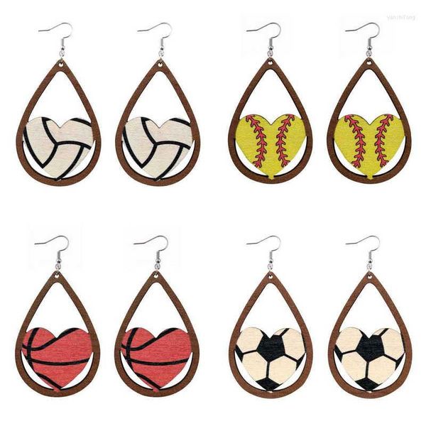 Boucles d'oreilles pendantes larme Accent bois Football Baseball basket-ball coeur pour les femmes mode Sport balle bijoux