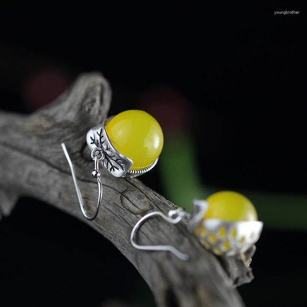 Boucles d'oreilles pendantes Thai 925 bijoux en argent jaune/vert calcédoine agate pendentif rétro rond femme ancien orfèvre