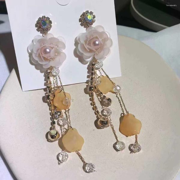 Boucles d'oreilles pendantes Le même genre de romantique est Yakeli Abricot Orchidée Fleur Fille Longues Chaînes Cristaux Gland