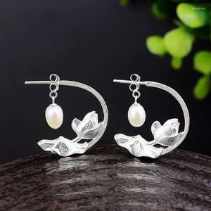 Boucles d'oreilles pendantes en trois dimensions artisanat argent sculpture Lotus perle Style chinois rétro Unique lumière luxe femme bijoux