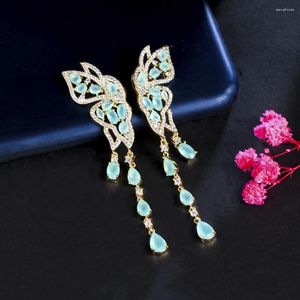 Boucles d'oreilles pendantes trois grâces en forme d'insecte et de papillon, longues en Zircon bleu clair pour femmes, bijoux d'été tendance CZ ER862
