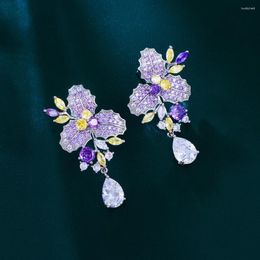 Pendientes colgantes tres gracios delicado color amarillo color púrpura caída de hoja de flor larga para mujeres elegantes joyas de boda nupcial e1904