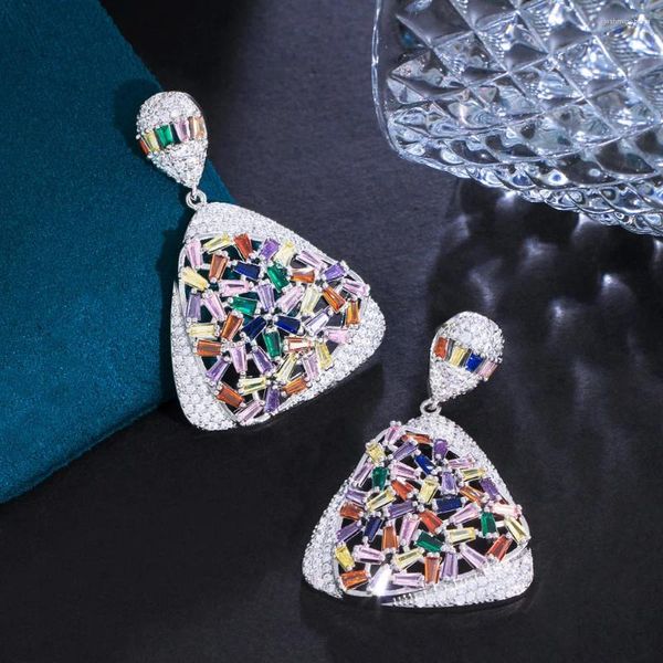Boucles d'oreilles pendantes ThreeGraces exquis multicolore cubique zircone couleur argent longue pendante Triangle goutte pour les femmes bijoux de fête E1142