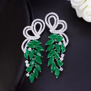 Boucles d'oreilles pendantes ThreeGraces mode vert cubique zircone pierre couleur argent longue feuille goutte pour les femmes à la mode fête bijoux E1210
