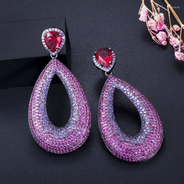 Pendientes colgantes ThreeGraces Luxury Pink Purple Cubic Zirconia Crystal Long Big Drop para damas Trendy Prom Jewelry ER721