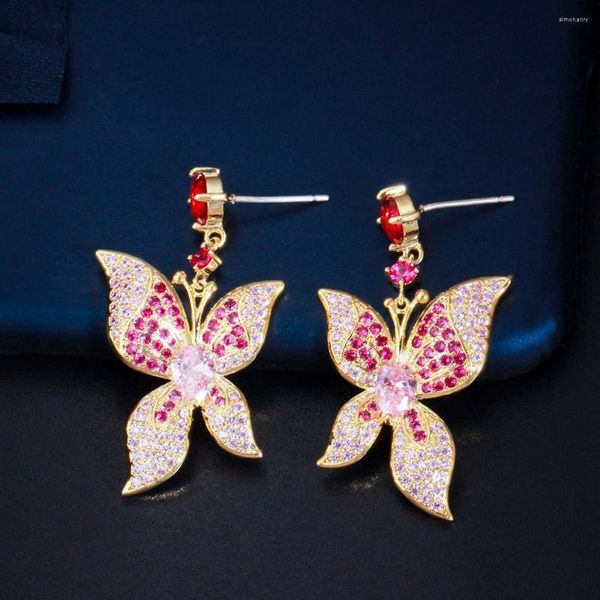 Boucles d'oreilles pendantes ThreeGraces brillant rose rouge CZ Zircon couleur or luxe pendantes papillon goutte pour les femmes fête bijoux fantaisie E1185