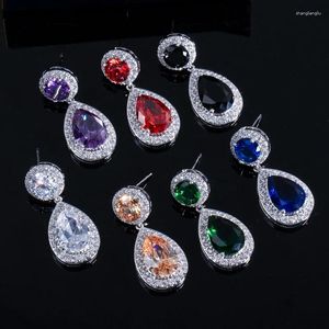 Boucles d'oreilles pendantes à trois grâces pour femmes, bijoux de Costume de fête de mariage, en zircone cubique bleue, tendance, E1165