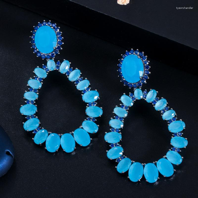 Boucles d'oreilles pendantes à trois grâces, pierre de zircone cubique bleue Unique, couleur or noir, longue goutte pour femmes, bijoux de bal à la mode E1095