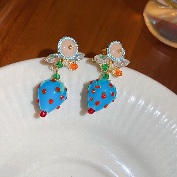 Boucles d'oreilles pendantes TIOWIOS 2023 S925 argent aiguille verre bleu fraise fruits mode personnalisée pour les femmes fraîches et à la mode