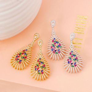 Dangle Oorbellen TIRIM Luxe Multicolourl Voor Vrouwen Kubieke Zirkoon Bloem Sieraden CZ Grote Eardrop Bruiloft Elementen Van Chinese Stijl