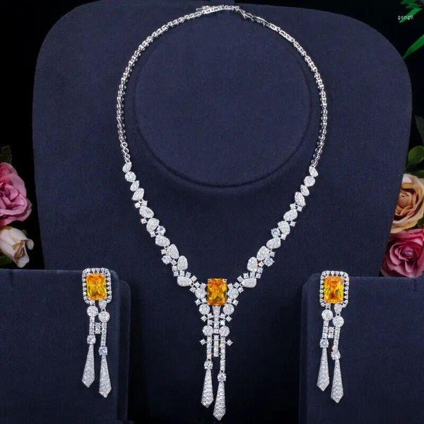 Pendientes colgantes con circonita cúbica amarilla chapada en plata, conjunto de joyería y collar de boda con borla cuadrada