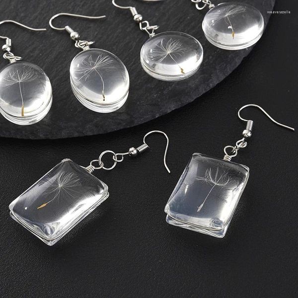 Boucles d'oreilles pendantes rondes transparentes, véritable pissenlit, fleur séchée, pendentif en verre, goutte, crochet de pétale frais conservé, cadeau