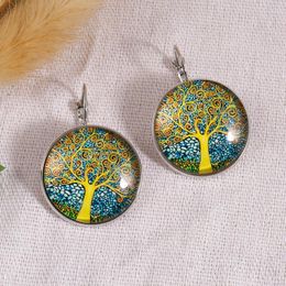 Boucles d'oreilles pendantes arbre de vie, pierres précieuses couleur argent, crochets d'oreille pour femmes françaises, fleurs, papillon, dôme en verre, bijoux pour femmes