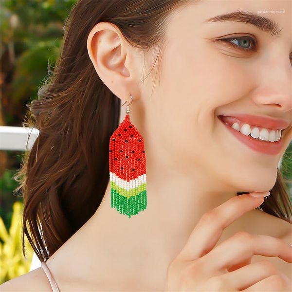 Pendientes colgantes tendencia borla con cuentas largas flecos bohemios gota fruta sandía arroz cuenta regalo Idea para mujeres niñas San Valentín