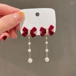 Boucles d'oreilles pendantes tendance couleur rouge cadeau de noël Long arc pour les femmes cloche papillon noeud perle accessoires bijoux de mariage cadeaux