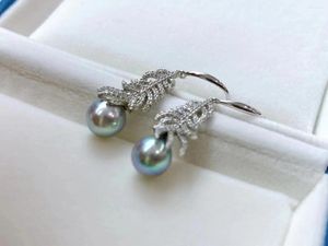 Pendientes colgantes de moda de 8-9mm Akoya, Perla Azul plateada, gota fina para mujer, cerca de ronda, regalo de joyas de fiesta de Plata de Ley 925