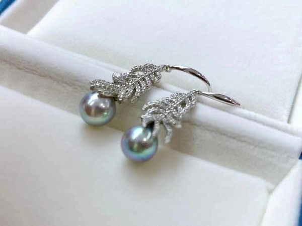 Boucles d'oreilles pendantes tendance 8-9mm Akoya argent bleu perle femmes goutte Fine presque ronde 925 Sterling bijoux de fête cadeau