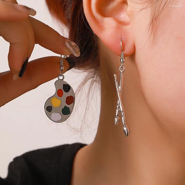 Boucles d'oreilles pendantes en émail, couleur asymétrique pour femmes et filles, Palette de pinceaux d'artiste, outil de peinture, bijoux d'oreille