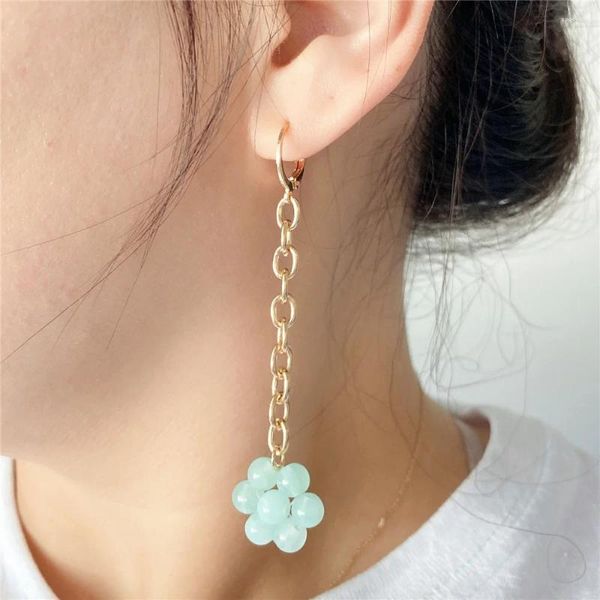 Pendientes colgantes de moda chapado en oro Color menta piedra blanca Margarita colgante floral cadena borla aro para mujer chica joyería