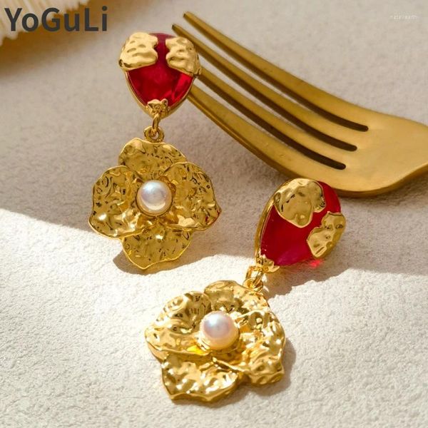 Boucles d'oreilles pendantes pour femmes, bijoux tendance, aiguille en argent 925, couleur or, fleur, verre rouge, accessoires, cadeaux de fête tendance 2023