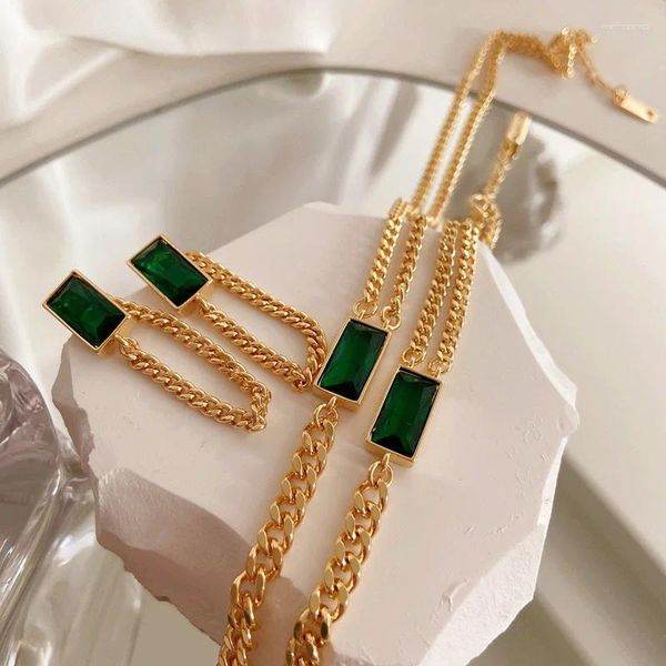 Pendientes colgantes, conjunto de joyería de moda, gargantilla de acero inoxidable de vidrio verde para mujer, venta al por mayor, Color dorado