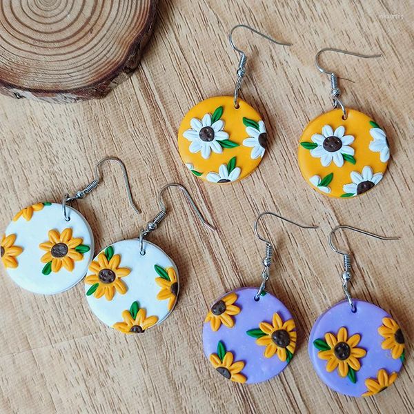 Boucles d'oreilles pendantes bijoux à la mode tournesol mignon multicolore argile polymère déclaration géométrique texturé à la main goutte cadeau crochet