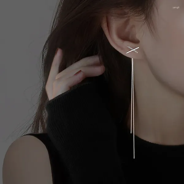 Boucles d'oreilles pendantes coréennes tendance: longs pampilles, couleur argent, décor en forme de visage, Design minimaliste