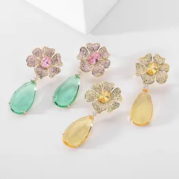 Boucles d'oreilles en peluche à tendance long grand goutte verte jaune CZ fleur de cristal pour femmes luxe en zircone cubique instruction bijoux de créateurs