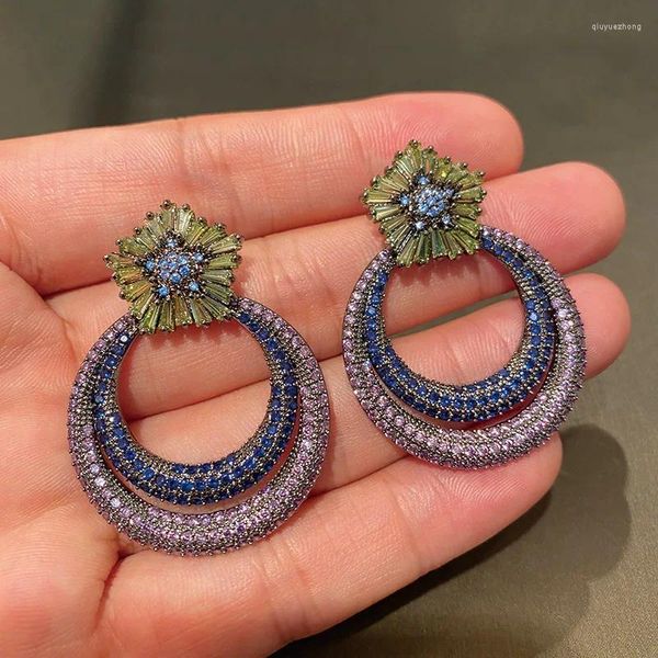 Pendientes colgantes Pendientes colgantes de flores moradas de moda para mujer Circonia cúbica de boda Dubai joyería de disfraz nupcial regalo de fiesta de verano