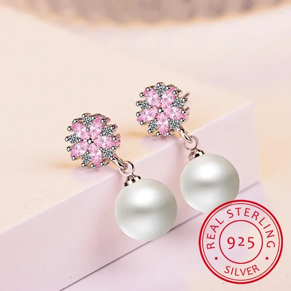 Pendientes colgantes de moda con temperamento, piedras preciosas de flores, gotas para las orejas, joyería de plata 925, perlas para mujeres, flores de cerezo, regalo para citas